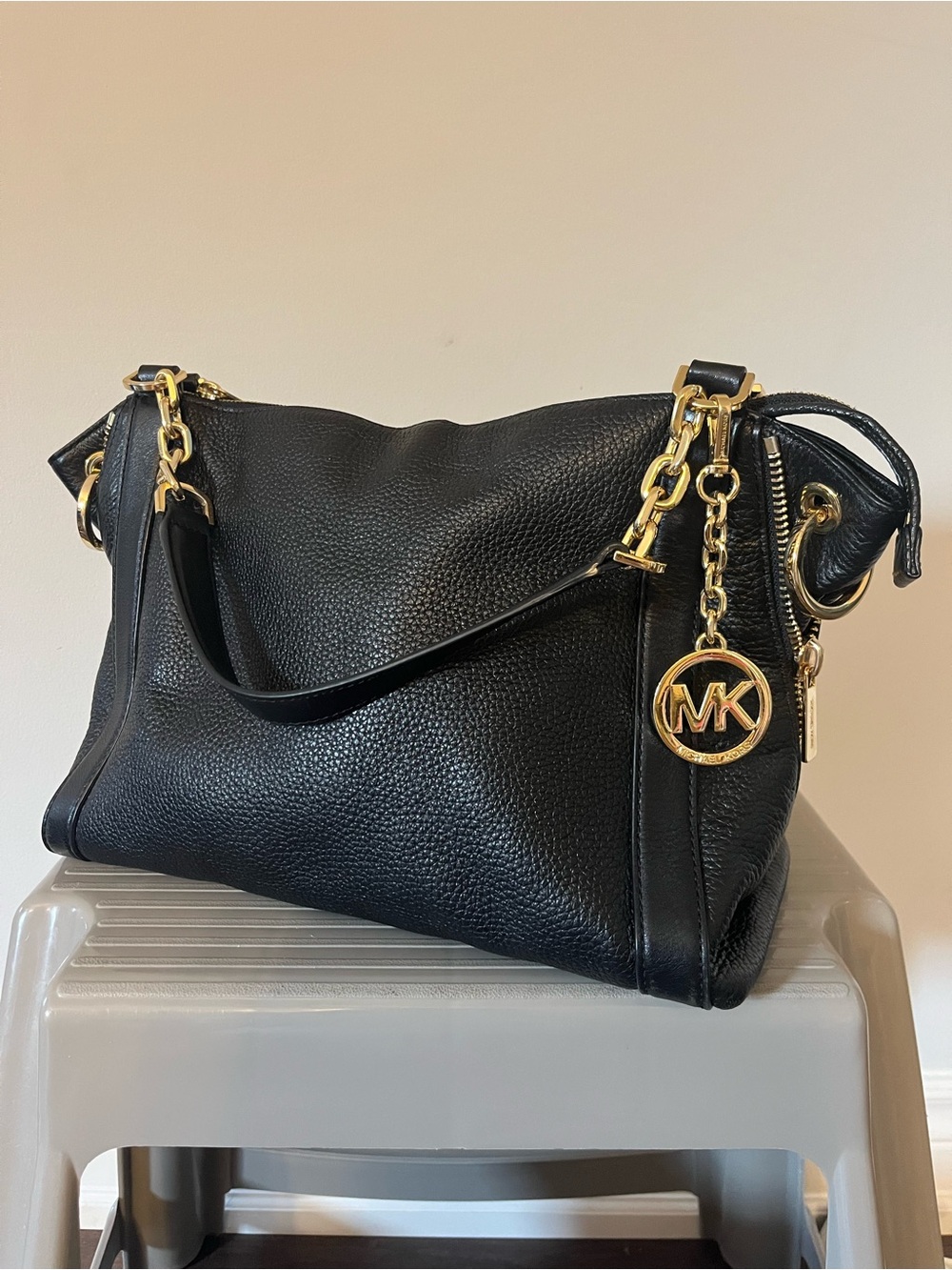 Michael Kors Black Pebbled Leather Lillie Large Shoulder Bag Gold Hardware
